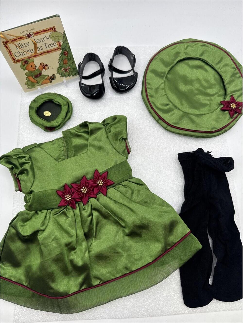 American Girl Bitty Baby Poinsettia Green Dress Book Christmas Set 2001 Retired